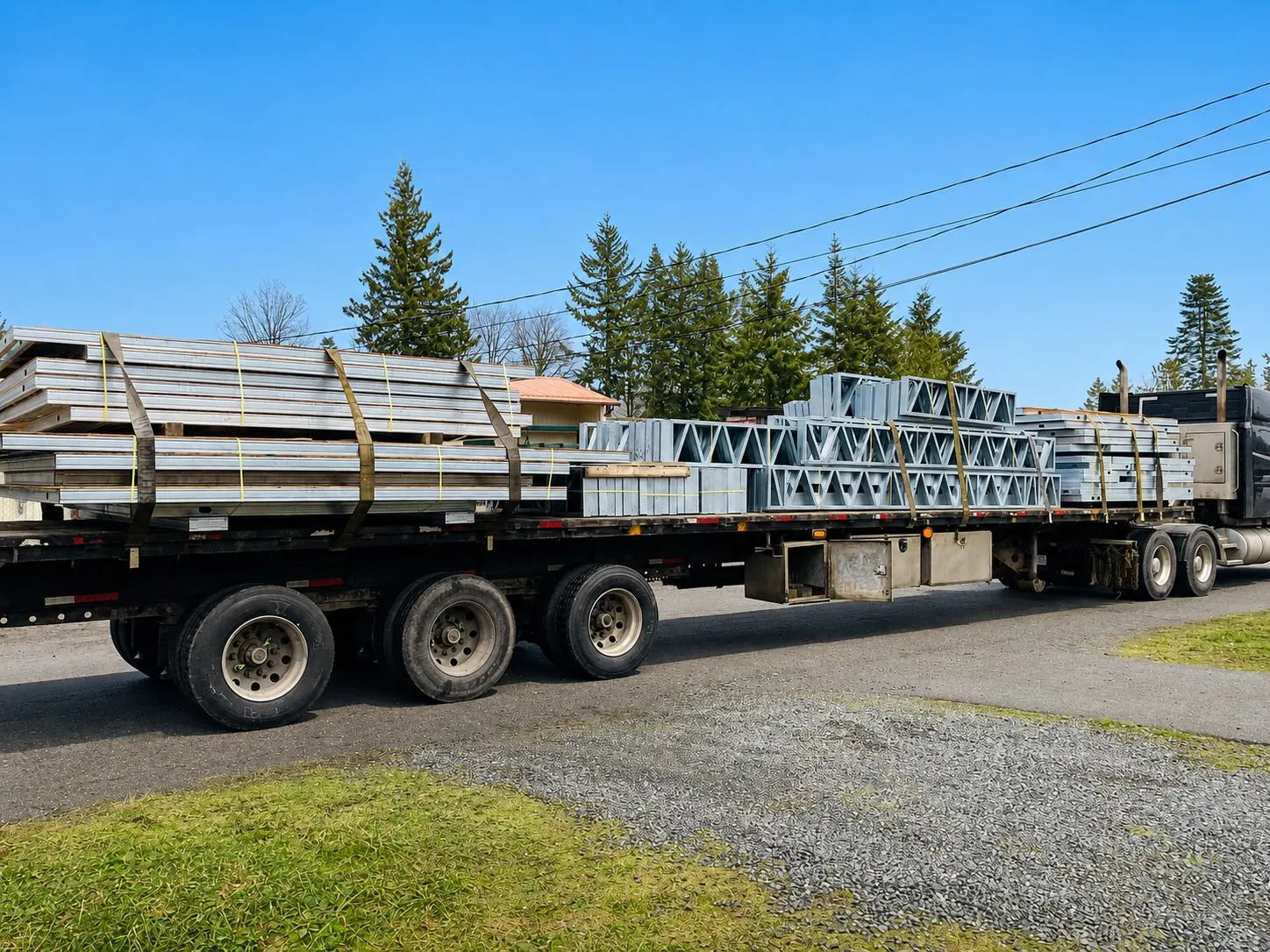 Steel joists and panels strapped on a flatbed