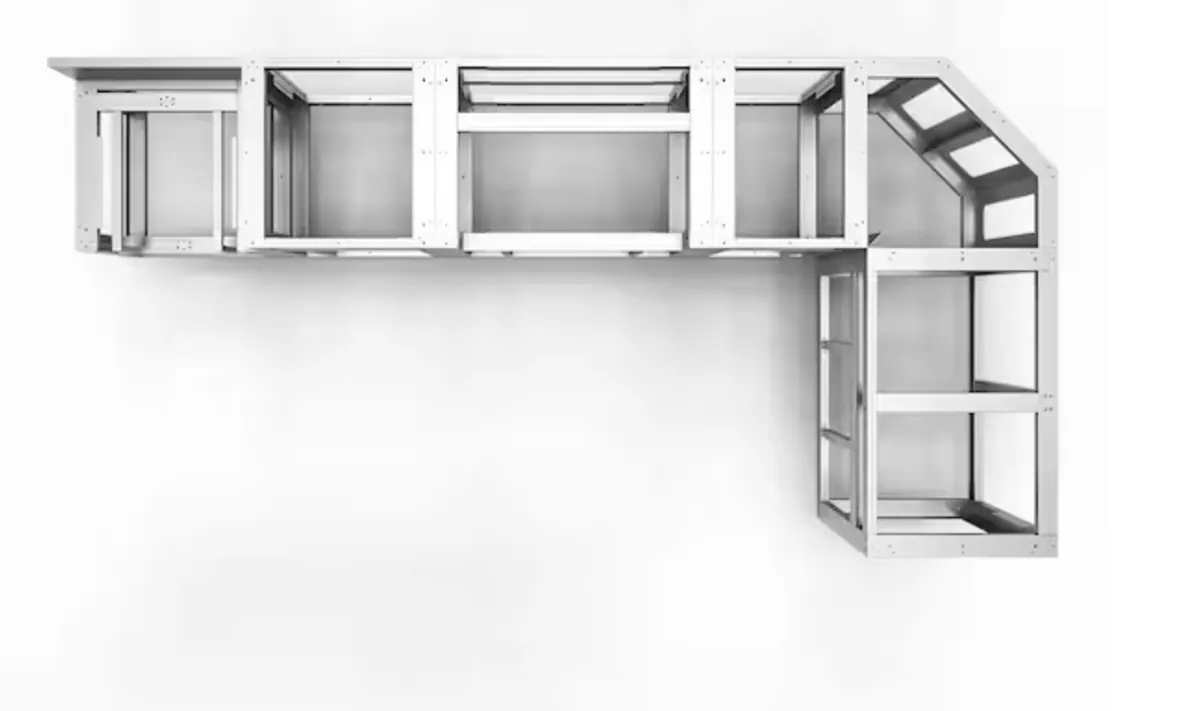 Top view of a multi-run galvanized steel outdoor kitchen frame
