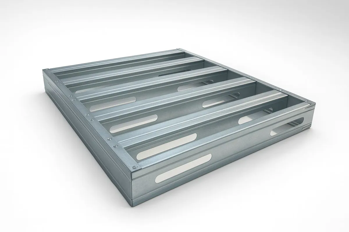Closed-deck galvanized steel pallet with perimeter frame and slotted sides