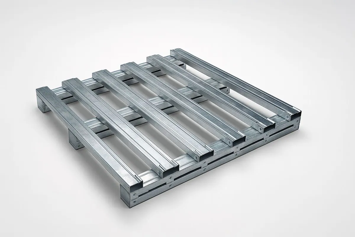 Open-deck galvanized steel pallet with stringers and feet