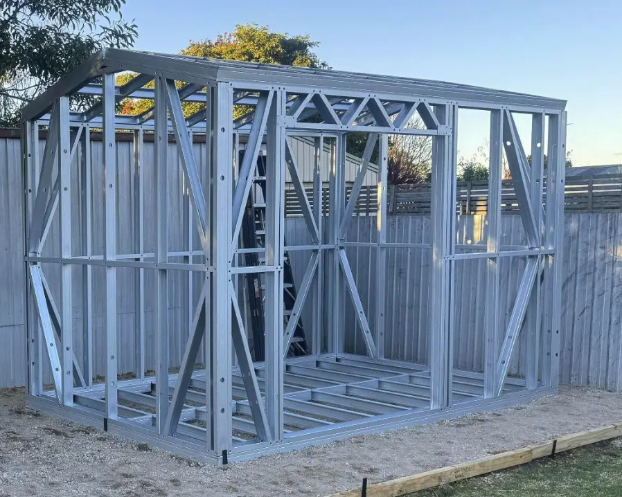 Galvanized steel shed frame assembled on site